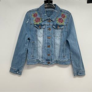ODYN Women's denim jacket Blue,Roses embroidery Size L Distressed